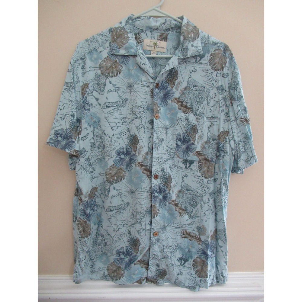 Island Shores blue brown button shirt men M maps compass palms Hawaiian Tropical